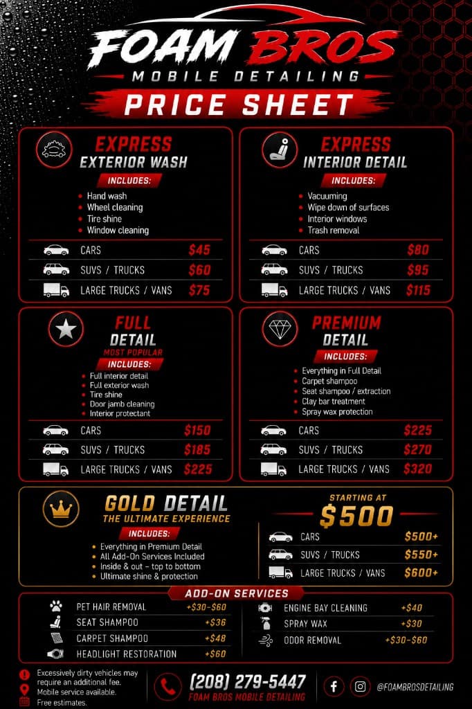 Foam Bros Mobile Detailing printed price sheet